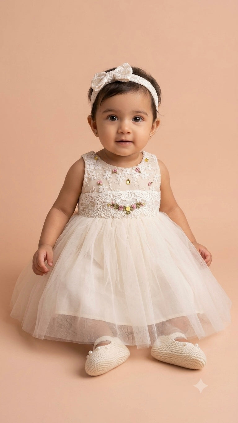 Beige Handwork Baptism frock only